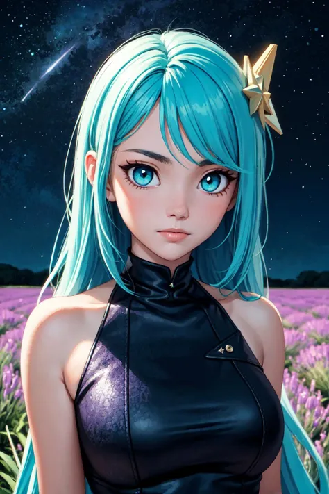 masterpiece, best quality, detailed, 1girl, face focus, long cyan hair, blue eyes, hair ornament, lavender field, stars, starry night, dark lighting, large breasts