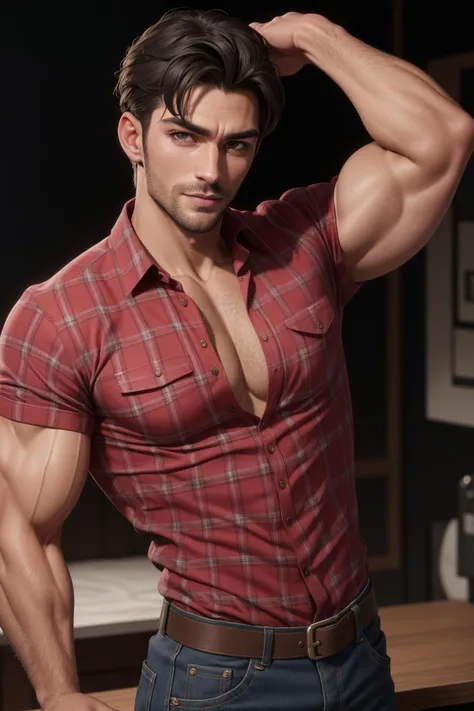 masterpiece, best quality, 8k, handsome man, plaid shirt, muscles, posing