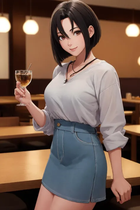 masterpiece, best quality, nel fe, on a date, at a restaurant, casual clothes, cowboy shot, looking at viewer, smile <lora:Nel_FEv2-10:0.9>