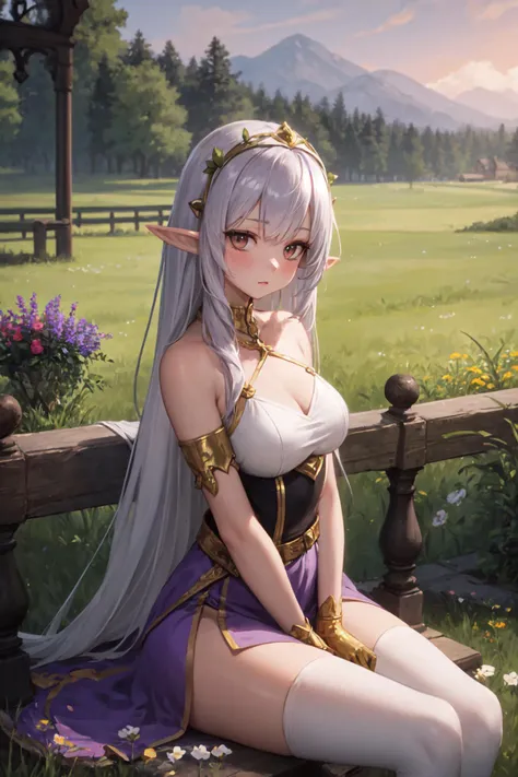 masterpiece, best quality, detailed, portrait of a elf princess, long purple hair, bangs, gold and silver dress, sitting, meadow, flowers, railing, dawn
