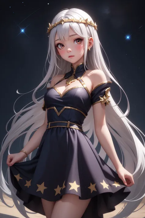 masterpiece, best quality, detailed, 1girl, circlet, starry night, star print dress, very long silver hair, closed mouth, silver eyes