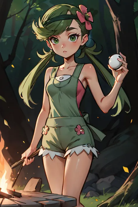 pkmnmallow, green eyes,long green hair, low twintails, swept bangs, dark skin, green hairband, hair ornament, hair flower, pink shirt, bare shoulders, sleeveless, overalls, shorts, looking at viewer, serious, standing, outside, forest, campfire, holding poke ball, sunny, high quality, masterpiece <lora:PKMN_Mallow_v1:.8>