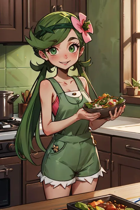 pkmnmallow, green eyes,long green hair, low twintails, swept bangs, dark skin, green hairband, hair ornament, hair flower, pink shirt, sleeveless,overalls, shorts, looking at viewer, smiling, happy, standing, inside cozy kitchen, holding bowl of food, high quality, masterpiece <lora:PKMN_Mallow_v1:.8>