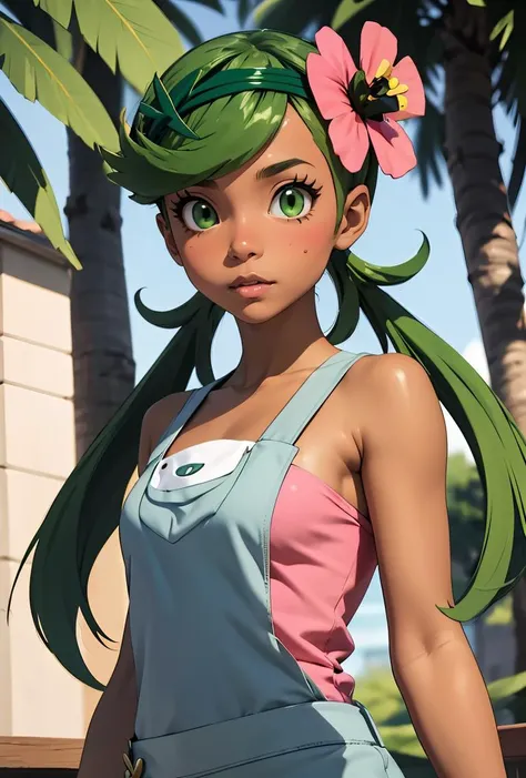 (masterpiece, best quality), 1girl, <lora:PKMN_Mallow_v1:0.8> pkmnmallow, 1girl, solo, green eyes, green hair, long hair, low twintails, swept bangs, dark skin, dark-skinned female, green hairband, hair ornament, hair flower, pink flower,, pink shirt, bare shoulders, sleeveless, overalls, shorts,