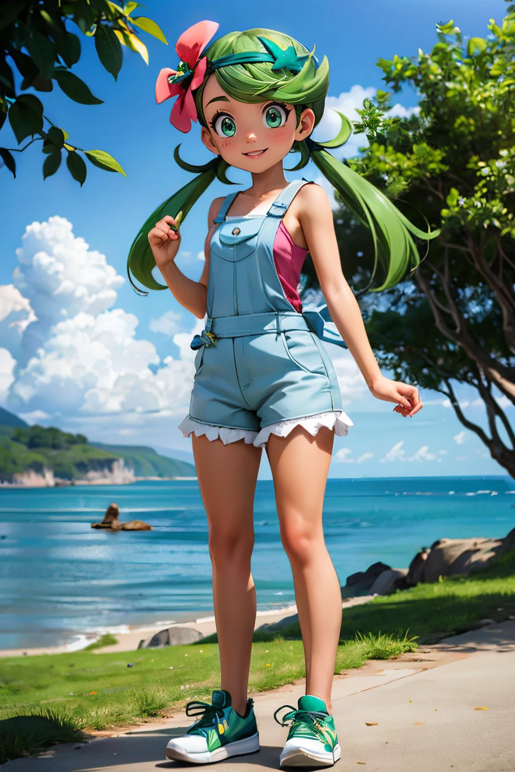pkmnmallow, green eyes,long green hair, low twintails, swept bangs, dark skin, green hairband, hair ornament, hair flower, pink shirt, bare shoulders, sleeveless, overalls, shorts, shoes, looking at viewer, smiling, standing, full body shot, outside, forest, distant ocean, sunny, high quality, masterpiece <lora:PKMN_Mallow_v1:.8>