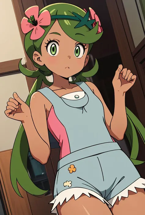 (masterpiece, best quality), 1girl, <lora:PKMN_Mallow_v1:0.8> pkmnmallow, 1girl, solo, green eyes, green hair, long hair, low twintails, swept bangs, dark skin, dark-skinned female, green hairband, hair ornament, hair flower, pink flower,, pink shirt, bare shoulders, sleeveless, overalls, shorts,