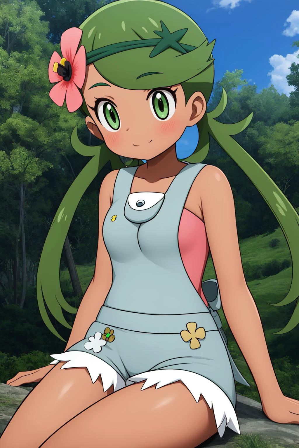 pkmnmallow, 1girl, solo, green eyes, green hair, long hair, low twintails, swept bangs, dark skin, dark-skinned female, green hairband, hair ornament, hair flower, pink flower,
pink shirt, bare shoulders, sleeveless, overalls, shorts,
smile,closed mouth,cowboy shot,sitting,
forest,outdoor,
(insanely detailed, beautiful detailed face, masterpiece, best quality) cinematic lighting,<lora:PKMN_Mallow_v1:1>, <lora:more_details:0.3>,