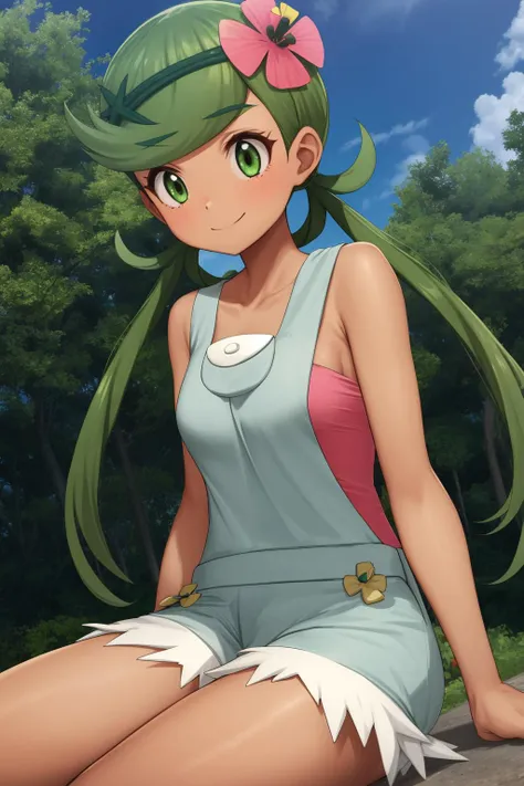 pkmnmallow, 1girl, solo, green eyes, green hair, long hair, low twintails, swept bangs, dark skin, dark-skinned female, green hairband, hair ornament, hair flower, pink flower, 
pink shirt, bare shoulders, sleeveless, overalls, shorts, 
smile,closed mouth,cowboy shot,sitting,
forest,outdoor,
(insanely detailed, beautiful detailed face, masterpiece, best quality) cinematic lighting,<lora:PKMN_Mallow_v1:1>, <lora:more_details:0.3>,