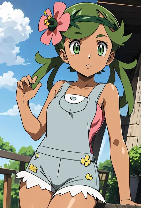 (masterpiece, best quality), 1girl, <lora:PKMN_Mallow_v1:0.8> pkmnmallow, 1girl, solo, green eyes, green hair, long hair, low twintails, swept bangs, dark skin, dark-skinned female, green hairband, hair ornament, hair flower, pink flower,, pink shirt, bare shoulders, sleeveless, overalls, shorts,