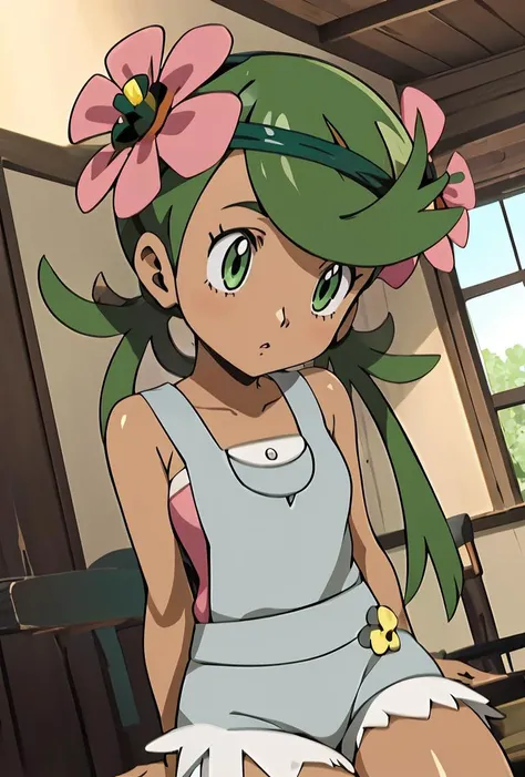 (masterpiece, best quality), 1girl,  <lora:PKMN_Mallow_v1:0.8> pkmnmallow, 1girl, solo, green eyes, green hair, long hair, low twintails, swept bangs, dark skin, dark-skinned female, green hairband, hair ornament, hair flower, pink flower,, pink shirt, bare shoulders, sleeveless, overalls, shorts,