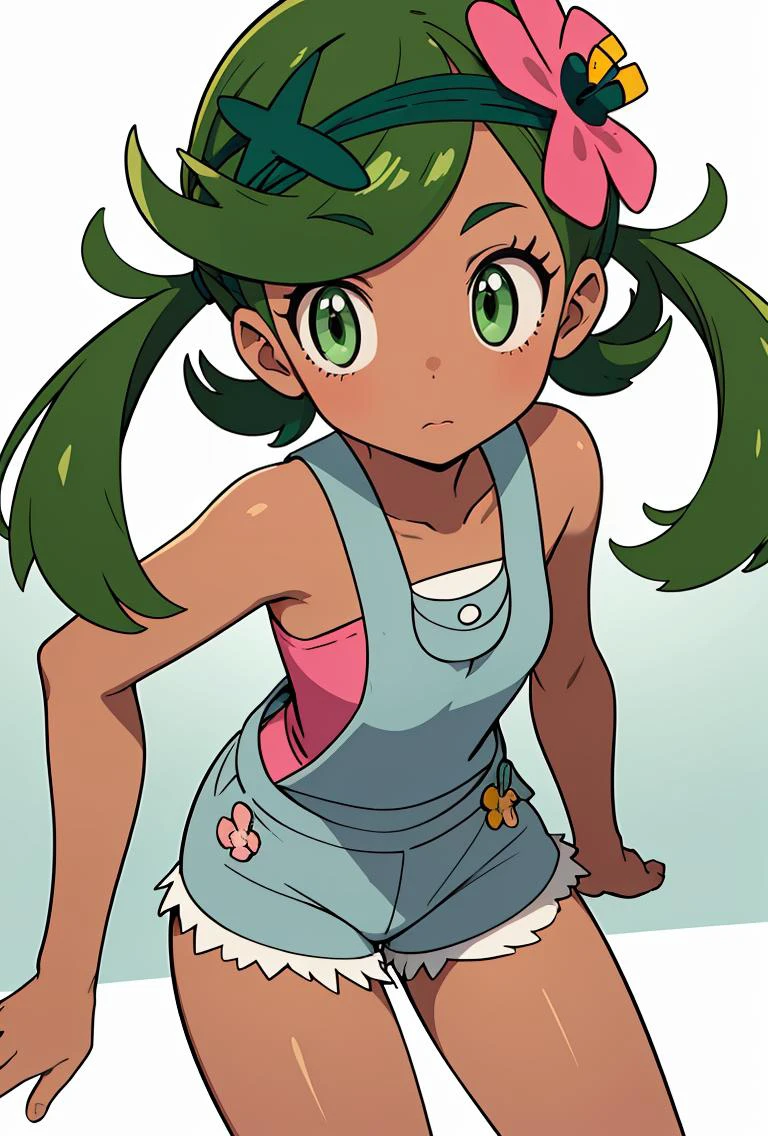 (masterpiece, best quality), 1girl, <lora:PKMN_Mallow_v1:0.8> pkmnmallow, 1girl, solo, green eyes, green hair, long hair, low twintails, swept bangs, dark skin, dark-skinned female, green hairband, hair ornament, hair flower, pink flower,, pink shirt, bare shoulders, sleeveless, overalls, shorts,