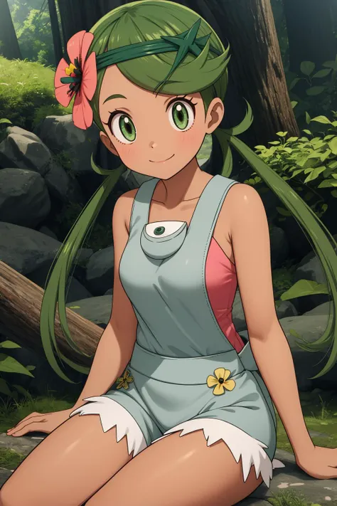 pkmnmallow, 1girl, solo, green eyes, green hair, long hair, low twintails, swept bangs, dark skin, dark-skinned female, green hairband, hair ornament, hair flower, pink flower, 
pink shirt, bare shoulders, sleeveless, overalls, shorts, 
smile,closed mouth,cowboy shot,sitting,
forest,outdoor,
(insanely detailed, beautiful detailed face, masterpiece, best quality) cinematic lighting,<lora:PKMN_Mallow_v1:1>, <lora:more_details:0.3>,