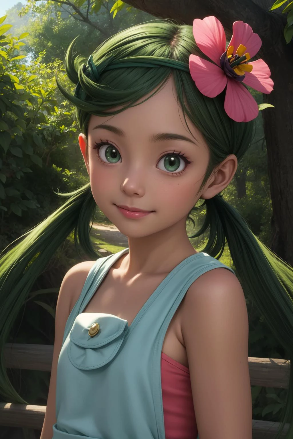 pkmnmallow, 1girl, solo, green eyes, green hair, long hair, low twintails, swept bangs, dark skin, dark-skinned female, green hairband, hair ornament, hair flower, pink flower,
pink shirt, bare shoulders, sleeveless, overalls, shorts,
smile,closed mouth,cowboy shot,upper body,
forest,outdoor,
(insanely detailed, beautiful detailed face, masterpiece, best quality) cinematic lighting,<lora:PKMN_Mallow_v1:1>, <lora:more_details:0.3>,