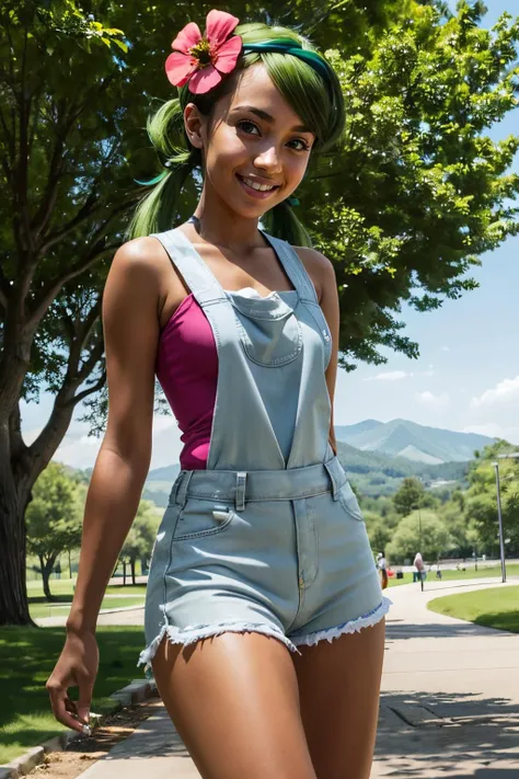 pkmnmallow, green eyes,long green hair, low twintails, swept bangs, dark skin, green hairband, hair ornament, hair flower, pink shirt, bare shoulders, sleeveless, overalls, shorts, looking at viewer, smiling, standing, outside, park, scenic path, trees, blue sky, high quality, masterpiece <lora:PKMN_Mallow_v1:.8>