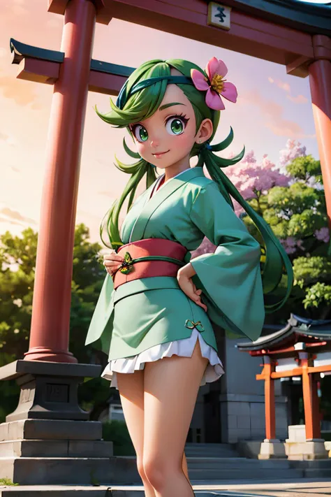 pkmnmallow, green eyes,long green hair, low twintails, swept bangs, dark skin, green hairband, hair ornament, hair flower, traditional kimono, sash, long sleeves, looking at viewer, serious, smiling, standing, outside, shrine, red torii, cherry blossom, pink sky, high quality, masterpiece <lora:PKMN_Mallow_v1:.8>