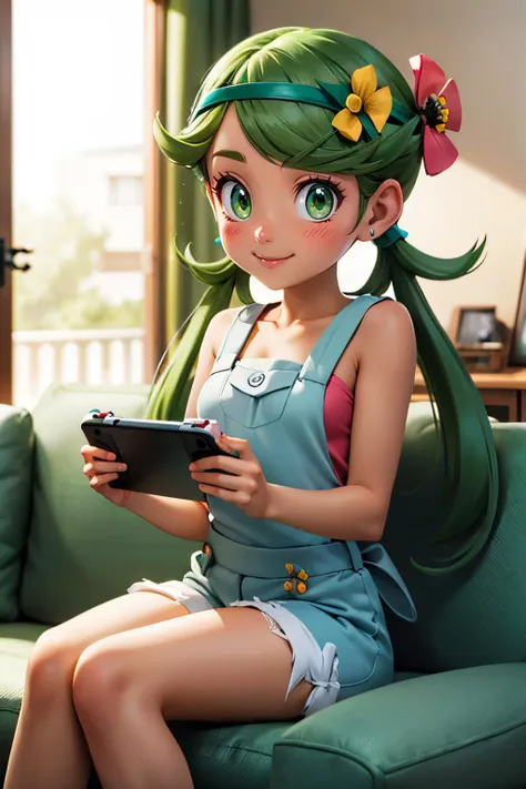 pkmnmallow, green eyes,long green hair, low twintails, swept bangs, dark skin, green hairband, hair ornament, hair flower, pink shirt, bare shoulders, sleeveless, overalls, shorts, looking at viewer, smiling, happy, blush, sitting, on sofa, holding nintendo switch,inside cozy living room, high quality, masterpiece <lora:PKMN_Mallow_v1:.8>