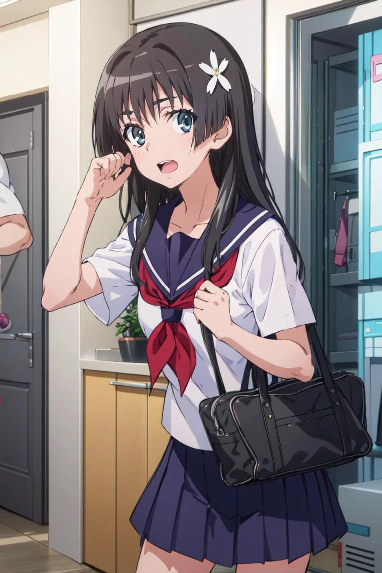1girl, solo, best quality, masterpiece, <lora:saten-toaru:1> saten ruiko, looking at viewer, anime coloring, school uniform, serafuku, open mouth