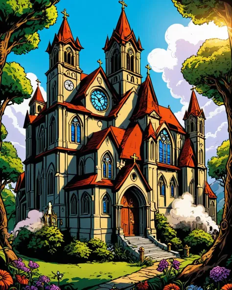 nature, (Church:1.2) , Intricate, in a Steampunk setting, Extreme Sofia in background, Realistic, cinematic lighting, fauna, <lora:Pixel_Comics:1> Pixel_Comics