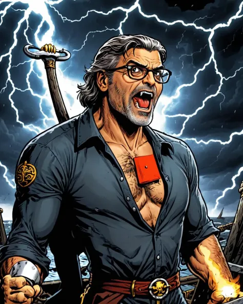 On pale black paper, Blacksmith George Clooney, Weary, he is very embarrased, Glasses, inside a Sea fort, Thunderstorm, Cobra, Depth of field 270mm, geeky, <lora:Pixel_Comics:1> Pixel_Comics