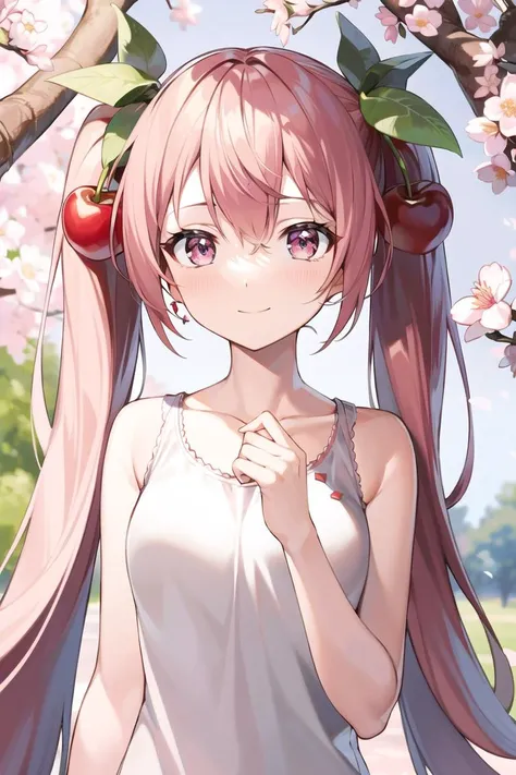 best quality, masterpiece, <lora:sakura_miku-10:NUM>,sakuramikuv1, light smile, cherry hair ornament, pink hair, looking at viewer, cherry blossoms,