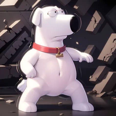((masterpiece, best quality)),(complex light), full body, solo, brian griffin, <lora:TheGooder_Brian_Griffin1-10:0.6>, red collar, destroyed debris background, angry, serious, fighting stance, eye trail, <lora:flamingEyeConcept_flamingEye:0.6>