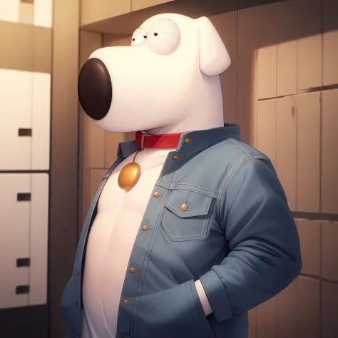 ((masterpiece, best quality)),(complex light), brian griffin, solo, smile, 1boy, jacket, round eyes, collar, no humans, blue jacket, pocket, hands in pockets ,<lora:TheGooder_Brian_Griffin1-10:0.6>