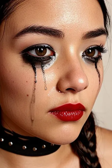 <lora:pov oral sex_V1:0.9> runny makeup, 1girl, solo, black hair, choker, tears, crying, red lips, crying with eyes open, parted lips, looking at viewer, black eyes, portrait, long hair, realistic, mole, lips, black choker, makeup, lipstick upper body
,keylight reflection on eyes,detailed iris,detailed pupil,(best aesthetic:1.2) and (best quality:1.2) and (photorealistic:1.4) and (Realistic:1.4) and (Detailed Skin Textures and detailed skin pores and high skin detail), <lora:LCM_LoRA_Weights_SD15å éå¨:0.7>