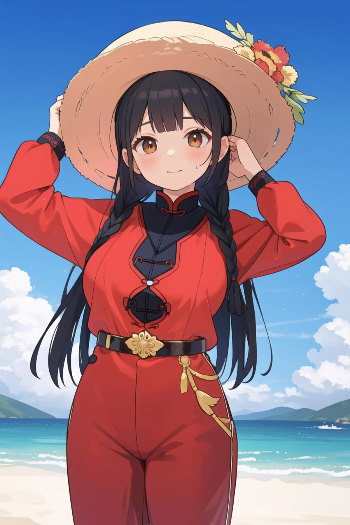 masterpiece,best quality,absurdres,high resolution,extremely detailed,1girl,( black hair, single braid, hime cut, blunt bangs, full-face blush, large breasts, dynamic pose, ),<lora:beiyannavy-v3:0.9:lbw=INMID:step=1-28>,(((belt, beiyan,haoyi , red clothes, fleetmarine, straw hat, hat, marinehat, red_pants, standing,cowboy shot, ))) ocean,blue sky,outdoors,