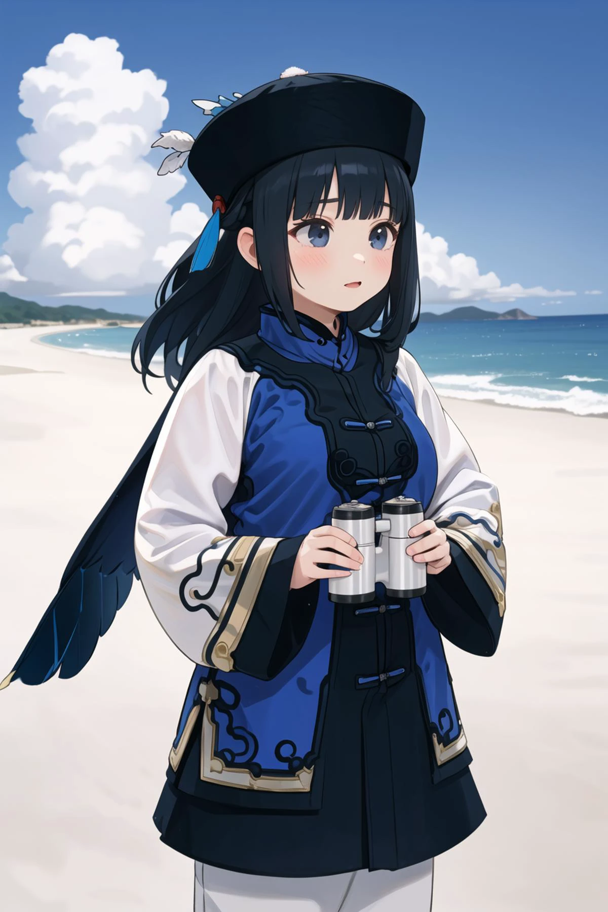 masterpiece,best quality,absurdres,high resolution,extremely detailed,1girl,( black hair, single braid, hime cut, blunt bangs, full-face blush, large breasts, dynamic pose, holding binoculars, ),<lora:beiyannavy-v3:0.9:lbw=INMID:step=1-28>,(((beiyan, haoyi,oldnavy, wide sleeves, long_sleeves,qingcap,peacock feather,cowboy shot, ))) ocean,blue sky,outdoors,