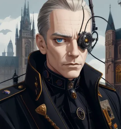 high quality, masterpiece, detailed, detailed face and eyes, 1boy, (bionic eye:1.2), portrait, (gothic architecture:1.3), military uniform, cable, wires, digital painting,  <lora:bioniceyeLoRA1.0:0.8>