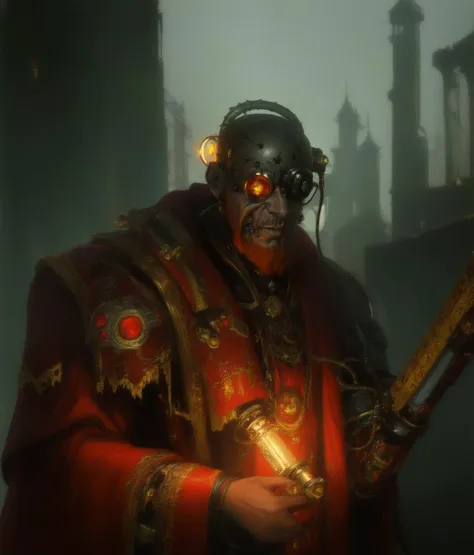 (high quality, masterpiece:1.3), intricately detailed, detailed face and eyes, 1boy, night, (dark shadows:1.3), dark, ruins, volumetric lighting, old man, mature male, glowing, object source lighting, grimdark, warhammer 40k, <lora:bioniceyeLoRA1.0:0.8>, (bionic eye:1.2), (cyborg, wires, cable:1.3), adeptus mechanicus, techpriest, (gas mask), body horror, horror theme, mechanical arms, red robes, oil painting