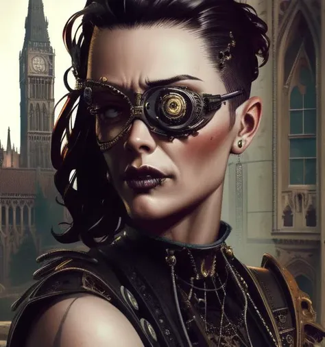 high quality, masterpiece, detailed, detailed face and eyes, realistic, 1girl, (bionic eye:1.2), portrait, (gothic architecture:1.3), punk, tank top, undercut, post apocalyptic, dirty, ruins cable, wires, digital painting, <lora:bioniceyeLoRA1.0:0.7>