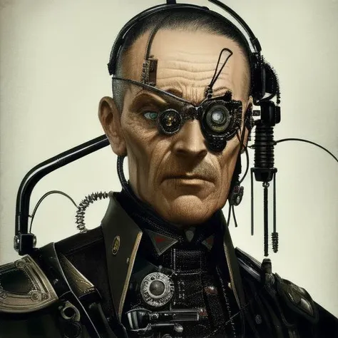 high quality, masterpiece, detailed, detailed face and eyes, realistic, 1boy, (bionic eye:1.2), portrait, (gothic architecture:1.3), military uniform,  <lora:bioniceyeLoRA1.0:0.8>, cable, wires, cyborg