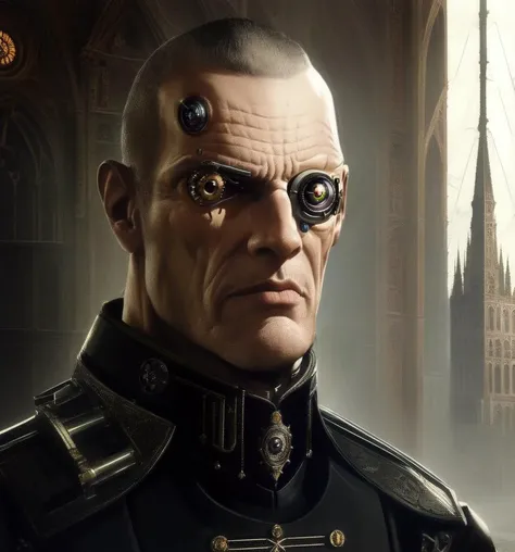 high quality, masterpiece, detailed, detailed face and eyes, realistic, 1boy, (bionic eye:1.2), portrait, (gothic architecture:1.3), military uniform,  <lora:bioniceyeLoRA1.0:0.7>, cable, wires, cyborg, digital painting, glowing eyes, plug