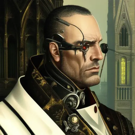 high quality, masterpiece, detailed, detailed face and eyes, realistic, 1boy, (bionic eye:1.2), portrait, (gothic architecture:1.3), military uniform, <lora:bioniceyeLoRA1.0:0.8>, cable, wires, cyborg, digital painting