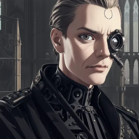 high quality, masterpiece, detailed, detailed face and eyes, realistic, 1boy, (bionic eye:1.2), portrait, (gothic architecture:1.3), military uniform, <lora:bioniceyeLoRA1.0:0.8>, cable, wires, cyborg, digital painting, mature male