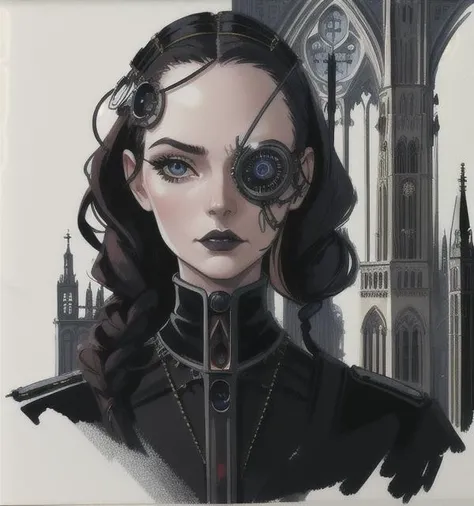 high quality, masterpiece, detailed, detailed face and eyes, woman, (bionic eye:1.2), portrait, (gothic architecture:1.3), military uniform, cable, wires, digital painting, <lora:bioniceyeLoRA1.0:0.7>