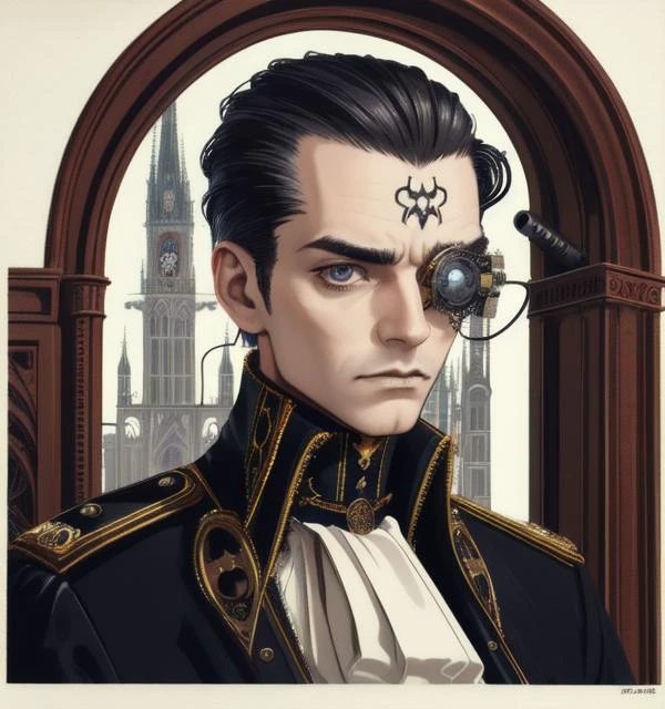 high quality, masterpiece, detailed, detailed face and eyes, 1boy, (bionic eye:1.2), portrait, (gothic architecture:1.3), military uniform, cable, wires, digital painting, <lora:bioniceyeLoRA1.0:0.8>