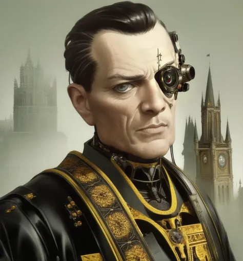 high quality, masterpiece, detailed, detailed face and eyes, realistic, 1boy, (bionic eye:1.2), portrait, (gothic architecture:1.3), military uniform, <lora:bioniceyeLoRA1.0:0.7>, cable, wires, cyborg, digital painting