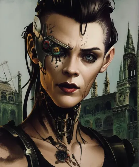 high quality, masterpiece, detailed, detailed face and eyes, realistic, 1girl, (bionic eye:1.2), portrait, (gothic architecture:1.3), punk, tank top, mechanical arms, single mechanical arm, undercut, post apocalyptic, dirty, ruins  <lora:bioniceyeLoRA1.0:0.7>, cable, wires, cyborg, digital painting