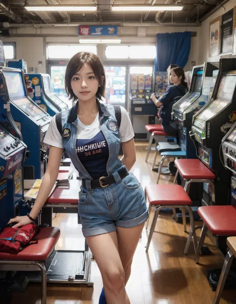 <lora:tekken_asukakazama:0.7>,<lora:UDFaceFuckMS:0.3>,a Japanese girl at an arcade,behind a (row-of-arcade-cabinets, out-of-focus),Kazama asuka,asukakazamams,shorts,belt,school uniform,sweater vest,short sleeves,short shorts,(smirk:1.2),teasing smile,realistic skin,, (masterpiece, best quality),