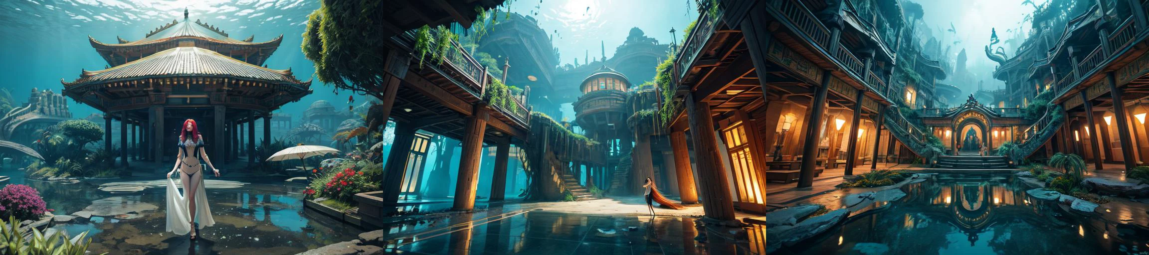 (otherworldly, otherworldly atmosphere, otherworldly appearance), highly insanely detailed, masterpiece, top quality, best quality, highres, 4k, 8k, RAW photo, ((ancient egyptian theme:1.2)), Hong Kong structure, structure, 
(mystical theme), mystical gatmosphere, arcane sanctuaries, otherwordly aura, 
(long_hair, long hair, random colors hair, glowing hair, hair over one eye, long messy hair), 
(eyelashes, eyeliner, eyeshadow, eyelashes, long eyelashes), 
collar, earrings, jewelry, necklace, armlet, 
tentacle, (underwater), nsfw, 
Homestay, Resort, (Guest House:1.1), 
building, structure, swirling energy, 
action pose, 
drunk, 
high-heels, 
reflection, reflective floor, 
shawl, 
abandoned building, shopping mall, overgrown with vegetation, [volumetric fog], cinematic lighting, colorful, colourful, 
belly bottom, erotic lingerie, 
((dune)), steep, sandhills, 
<lora:Wolvie_n3br1dg3s_v1.1.1:0.8>, n3br1dg3s, covered bridge, angled view, summer, flowers, (fantasy world)