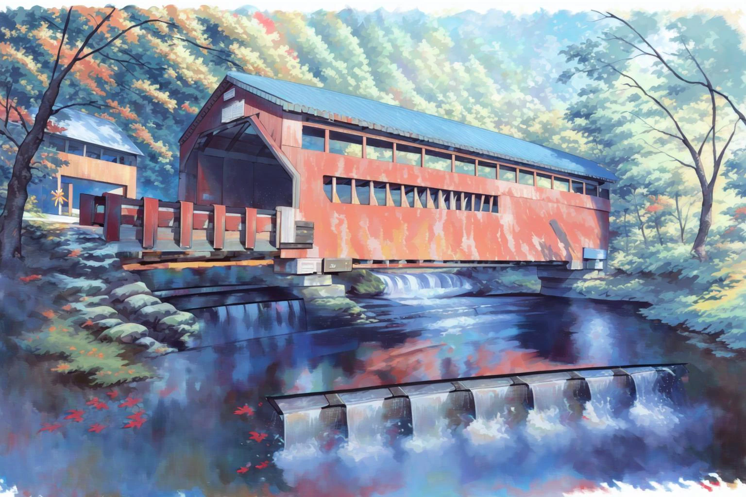 <lora:Wolvie_n3br1dg3s_v1.1:1> n3br1dg3s, an oil painting of a covered bridge, river cross view, painted yellow, signed by "A.I. Wolvie", colorful, saturated, textured, 32k, fantastic realism, complex background, painting, master painter, 1700s, <lora:transparent-watercolorV02:1> transparent-watercolor