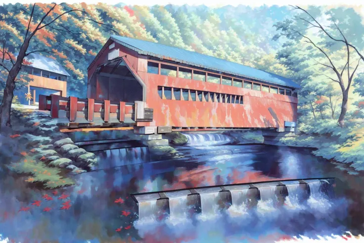 <lora:Wolvie_n3br1dg3s_v1.1:1> n3br1dg3s, an oil painting of a covered bridge, river cross view, painted yellow, signed by "A.I. Wolvie", colorful, saturated, textured, 32k, fantastic realism, complex background, painting, master painter, 1700s, <lora:transparent-watercolorV02:1> transparent-watercolor