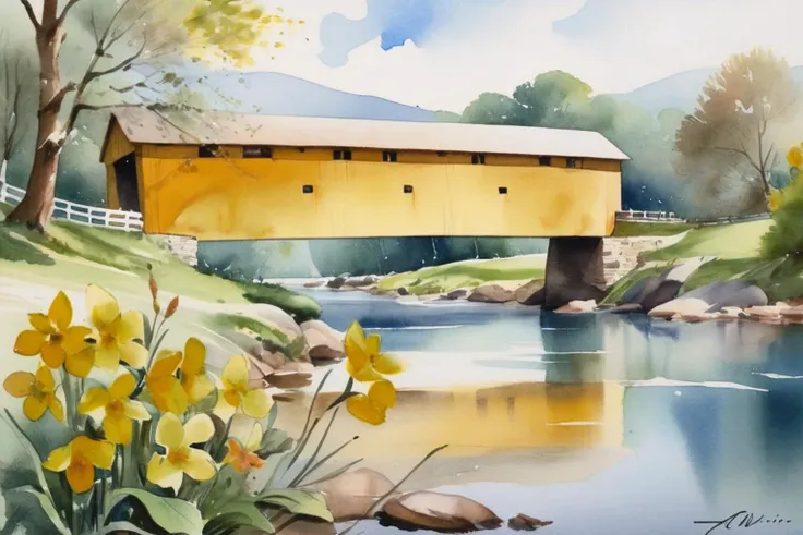 <lora:transparent-watercolorV02:1> transparent-watercolor, <lora:Wolvie_n3br1dg3s_v1.1:1> n3br1dg3s, watercolor painting of a covered bridge, river cross view, painted yellow, signature by "A.I. Wolvie", master painter, 1850s, spring, flowers blooming, bright colors