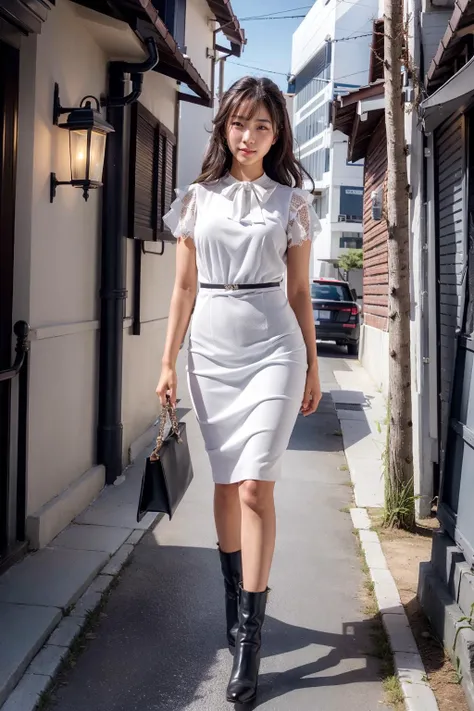 (realistic:1.3), finely detailed, quality, rembrandt lighting, (masterpiece:1.2), (photorealistic:1.2), (best quality), (detailed skin:1.3), (intricate details), dramatic, ray tracing, 1girl, japanese girl, 21 years old, detailed skin texture, (blush:0.5), (goosebumps:0.5), subsurface scattering, smiling, medium breasts, long hair, bangs, hair between eyes, 0ff1c3_ch1c_2, ribbon collar, white dress, lace, boots, full body, strolling, (bright sunny day, (sidewalk, business district buildings:1.1)), <lora:0ff1c3_ch1c_2:0.8>