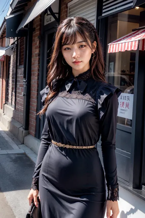 (realistic:1.3), finely detailed, quality, rembrandt lighting, (masterpiece:1.2), (photorealistic:1.2), (best quality), (detailed skin:1.3), (intricate details), dramatic, ray tracing, 1girl, japanese girl, 21 years old, detailed skin texture, (blush:0.5), (goosebumps:0.5), subsurface scattering, smiling, medium breasts, long hair, bangs, hair between eyes, 0ff1c3_ch1c_2, ribbon collar, black dress, lace, cowboy shot, (bright sunny day, sidewalk, business district buildings), <lora:0ff1c3_ch1c_2:0.8>