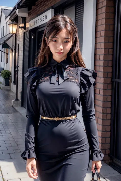 (realistic:1.3), finely detailed, quality, rembrandt lighting, (masterpiece:1.2), (photorealistic:1.2), (best quality), (detailed skin:1.3), (intricate details), dramatic, ray tracing, 1girl, japanese girl, 21 years old, detailed skin texture, (blush:0.5), (goosebumps:0.5), subsurface scattering, smiling, medium breasts, long hair, bangs, hair between eyes, 0ff1c3_ch1c_2, ribbon collar, black dress, lace, cowboy shot, (bright sunny day, sidewalk, business district buildings), <lora:0ff1c3_ch1c_2:0.8>