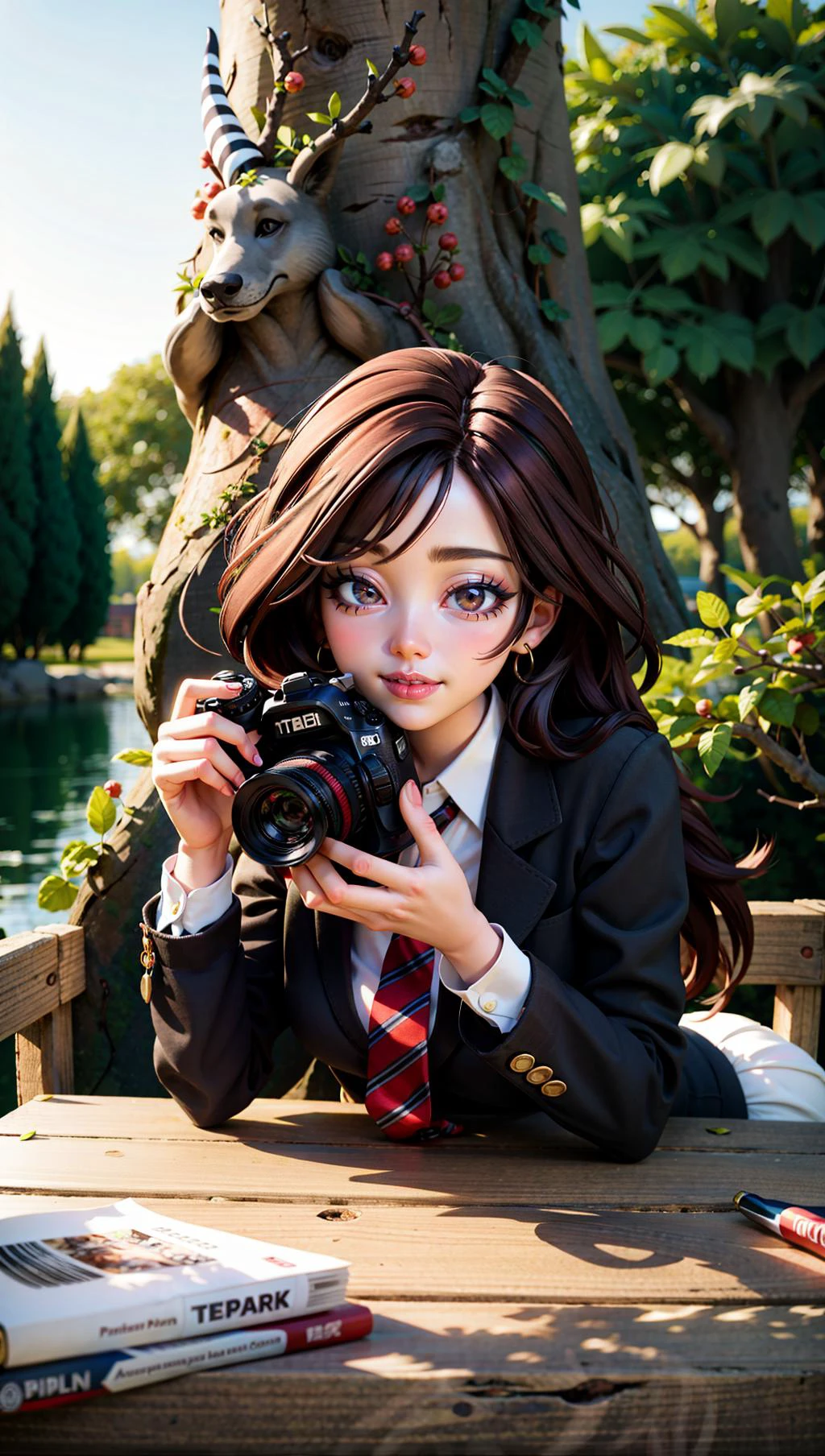 1girl, brown hair, grey eyes blurry, blurry background, necktie, bush, tree, day, depth of field, forest, long sleeves, midriff, nature, outdoors, park, long hair, skirt, solo, tree, tree shade, standing, holding camera, smile,
masterpiece, best quality, digital art,outline, sketch, intricate detail <lora:JS_Cartoon_Style:1> JS_CartoonStyle