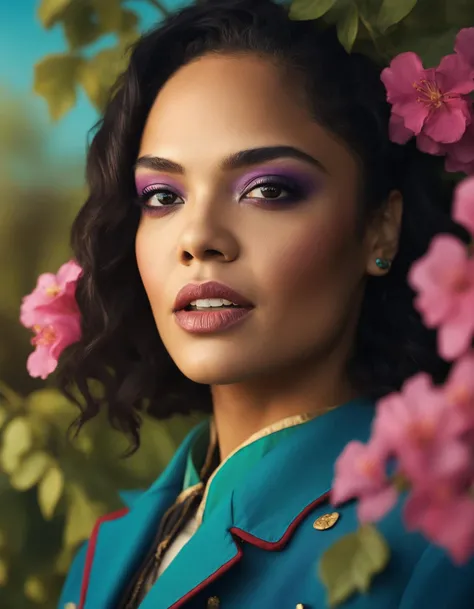 cinematic photo cartoon version of of (((ohwx woman))) , cartoon character artstation digital painting portrait design by mark brooks and brad kunkle detailed face highly stylized realistic cinematic lighting dramatic shadows fine detail 4k 8K sharp focus high resolution octane render photorealism trending on ArtStation GTA cover page with textured flowers in background beautiful colors blue black red pink green purple violet teal g white yellow color scheme bright vivid contrast fantasy style beepley artwork <lora:tessa_lora_sdxl_v1-000009:1> . 35mm photograph, film, bokeh, professional, 4k, highly detailed